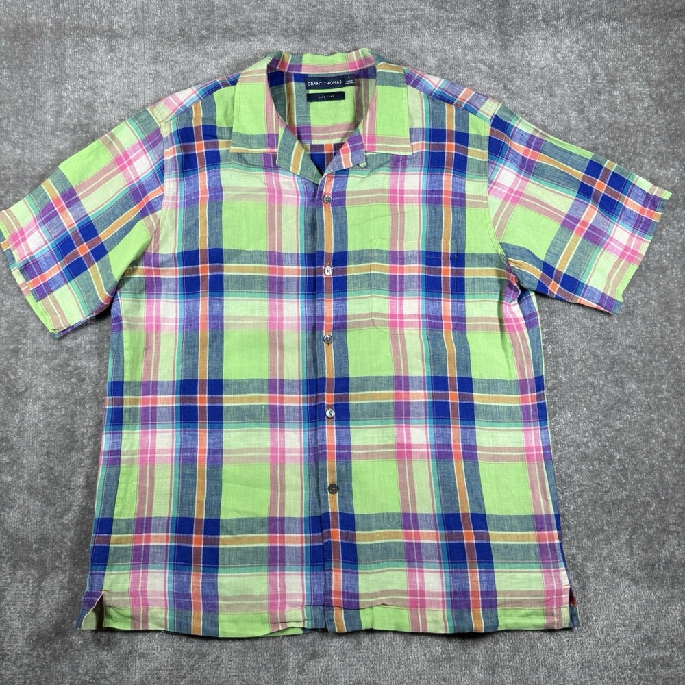 Grant Thomas Shirt Men's Large Plaid Linen Short‎ Sleeve Loop Collar Resortwear